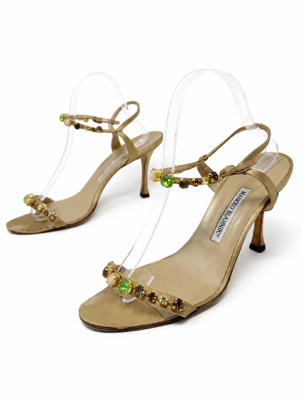 Vintage Manolo Blahnik Jeweled Gold Satin Sandal Heels Womens Size EU 40